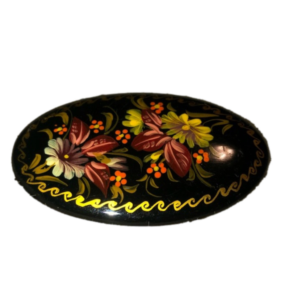 𝅺vtg Russian USSR Handpainted Floral Wood Lacquer Black Brooch Signed 2” x 1.2”